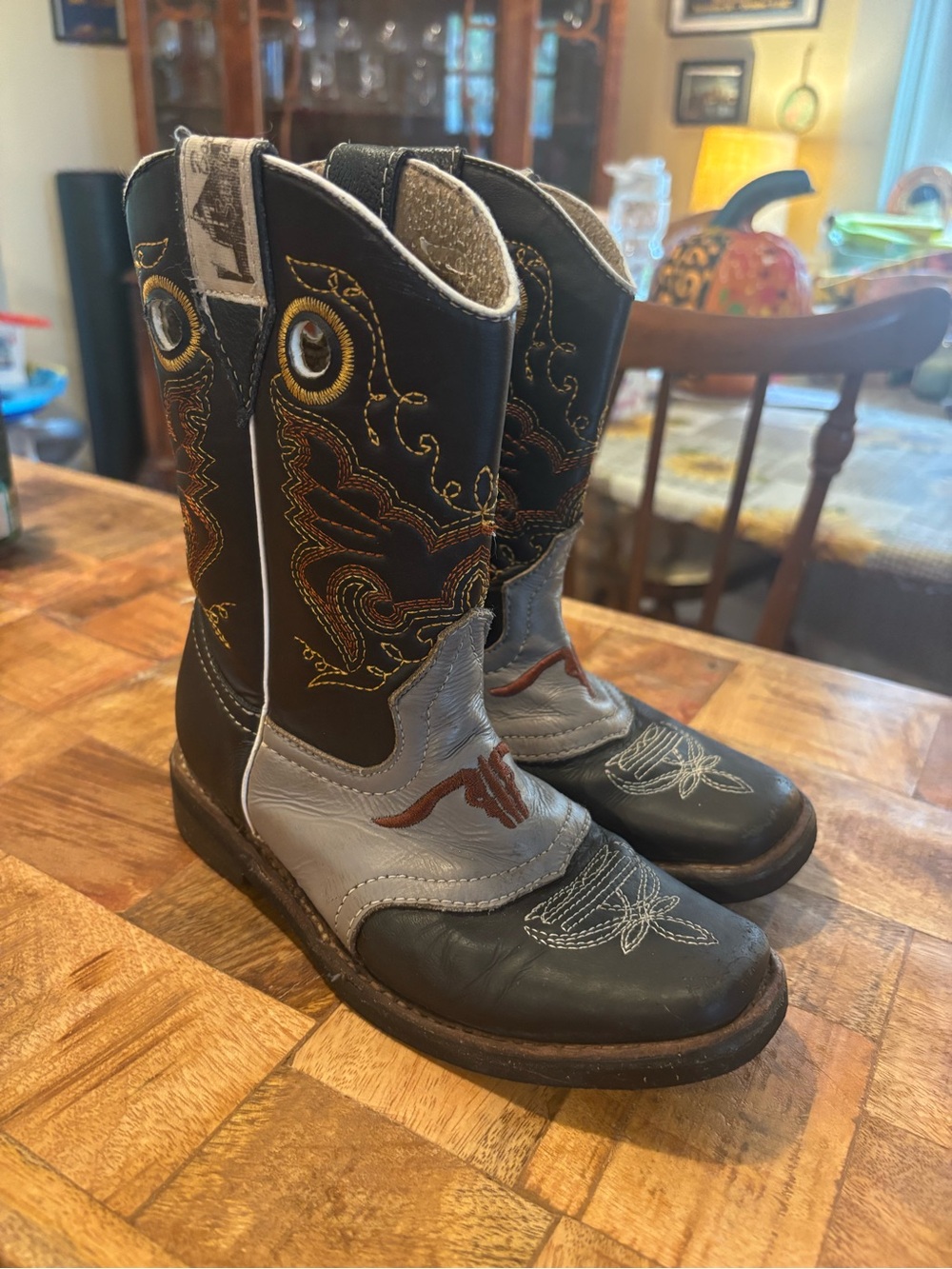 Black and Gray Kids Western Boots with Embroidered Accents